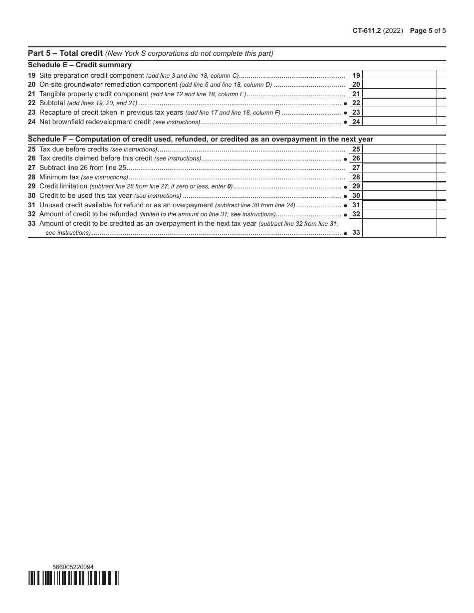 Form CT-611.2 Claim for Brownfield Redevelopment Tax Credit for Qualified Sites Accepted Into the Brownfield Cleanup Program on or After July 1, 2015 - New York, Page 5