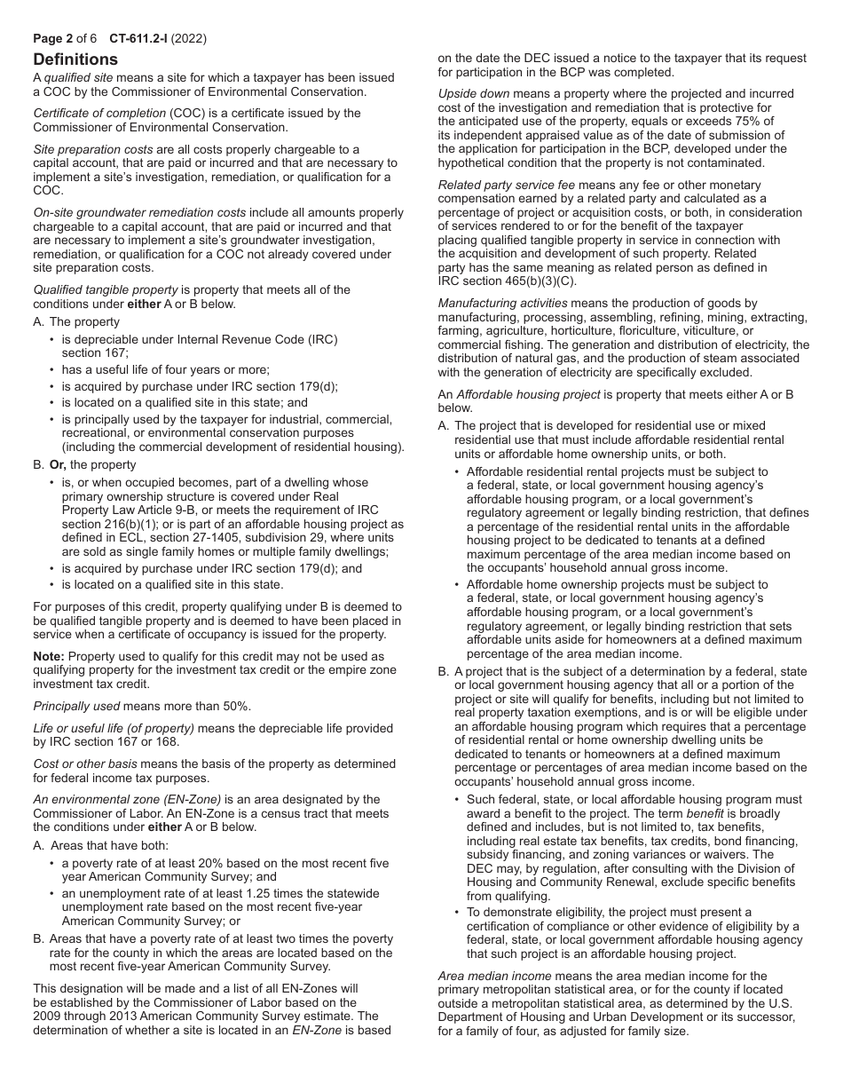Instructions for Form CT-611.2 Claim for Brownfield Redevelopment Tax Credit for Qualified Sites Accepted Into the Brownfield Cleanup Program on or After July 1, 2015 - New York, Page 2