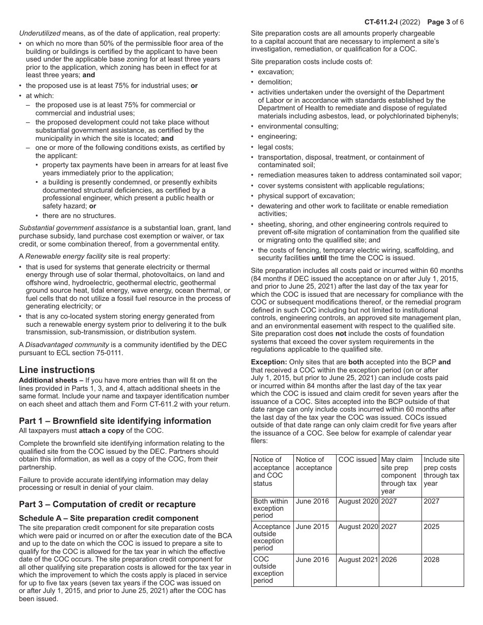 Instructions for Form CT-611.2 Claim for Brownfield Redevelopment Tax Credit for Qualified Sites Accepted Into the Brownfield Cleanup Program on or After July 1, 2015 - New York, Page 3