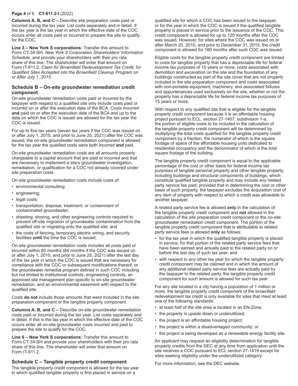 Instructions for Form CT-611.2 Claim for Brownfield Redevelopment Tax Credit for Qualified Sites Accepted Into the Brownfield Cleanup Program on or After July 1, 2015 - New York, Page 4