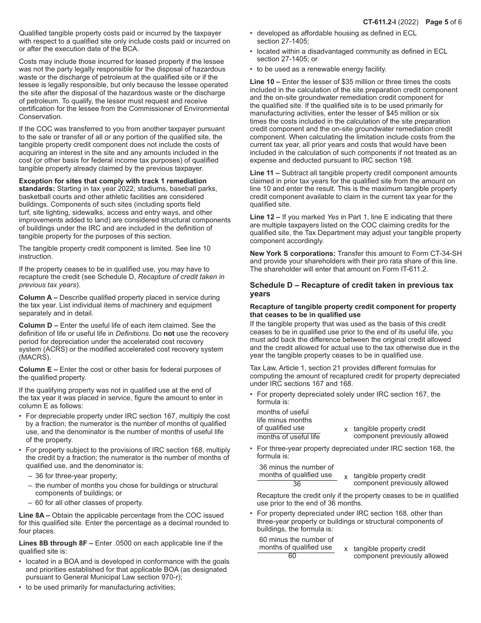 Instructions for Form CT-611.2 Claim for Brownfield Redevelopment Tax Credit for Qualified Sites Accepted Into the Brownfield Cleanup Program on or After July 1, 2015 - New York, Page 5