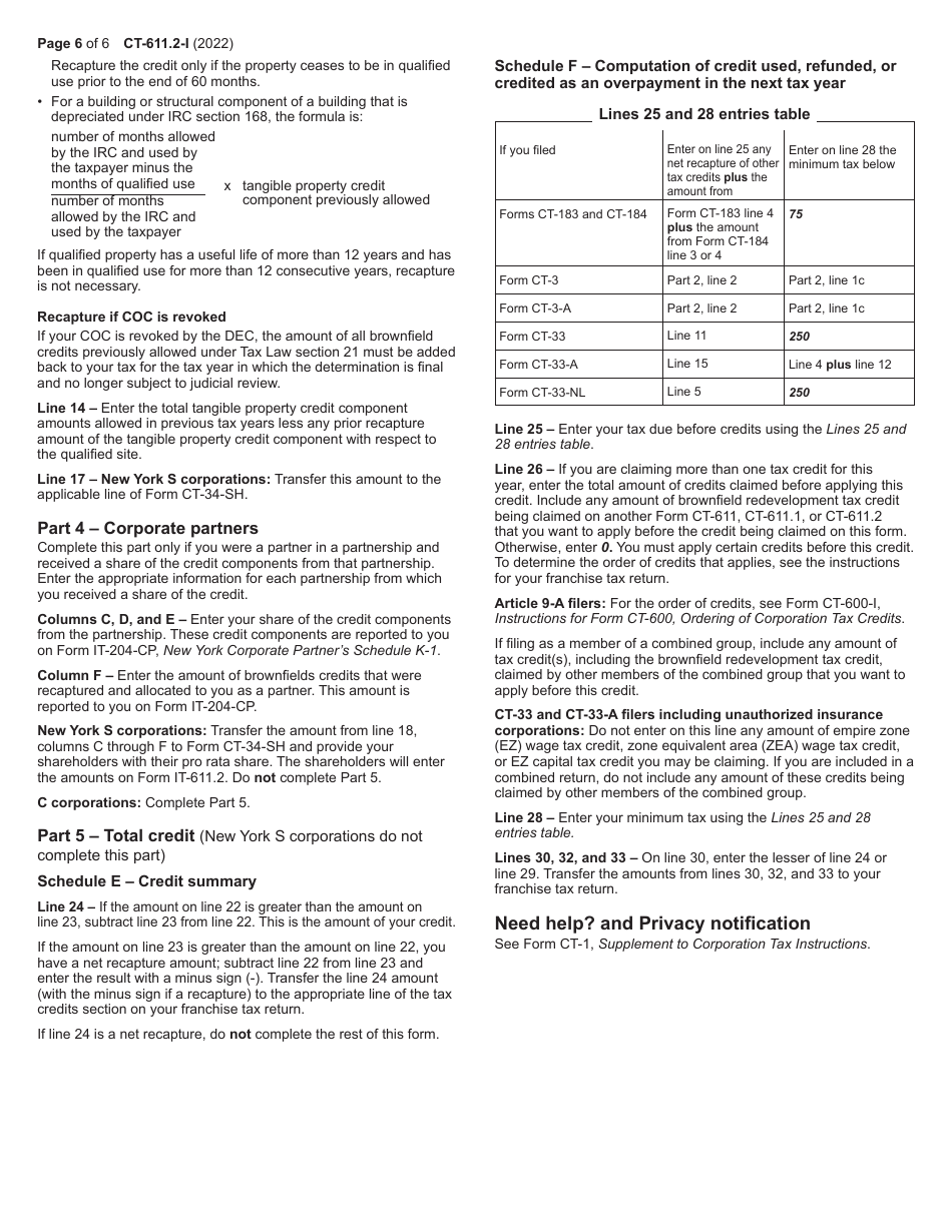 Instructions for Form CT-611.2 Claim for Brownfield Redevelopment Tax Credit for Qualified Sites Accepted Into the Brownfield Cleanup Program on or After July 1, 2015 - New York, Page 6