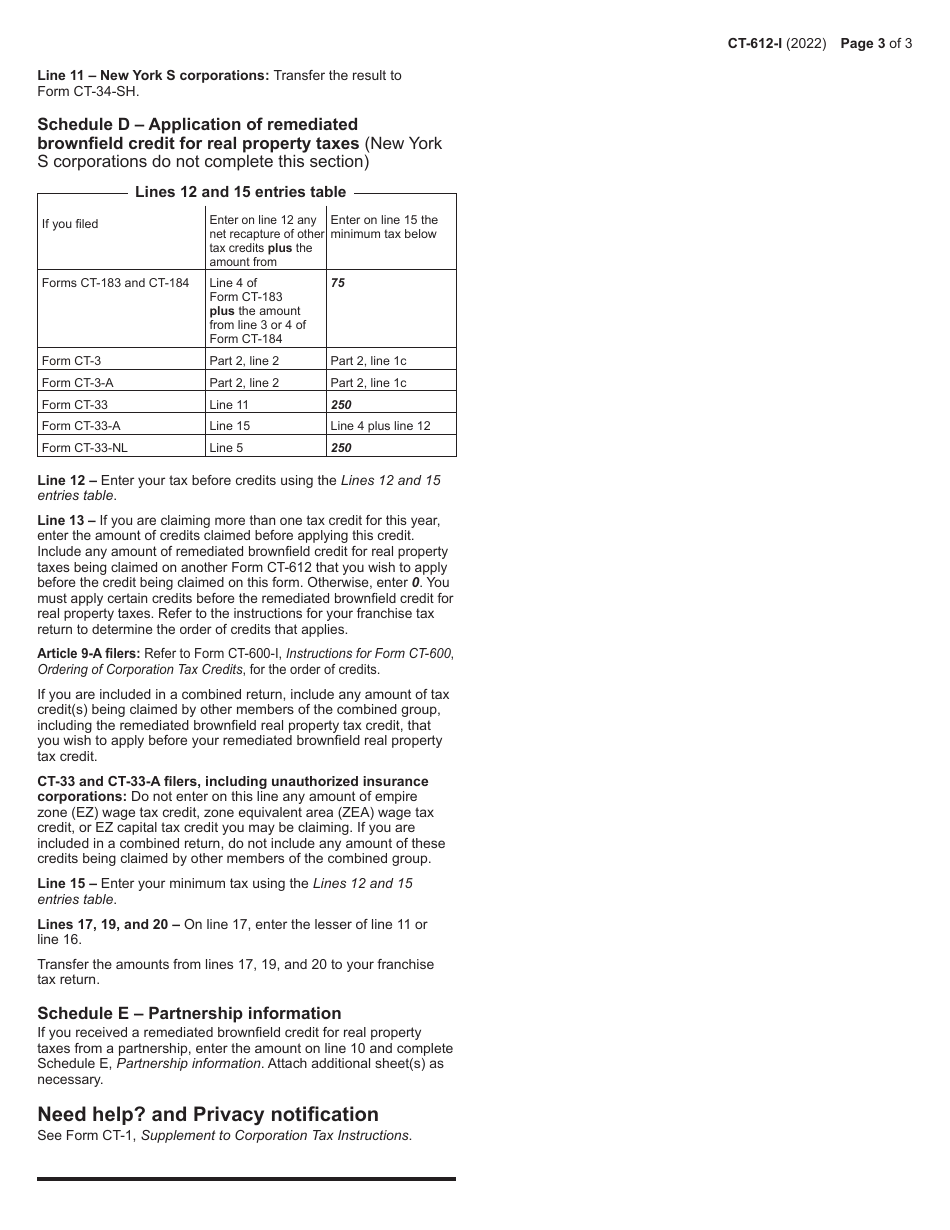 Form CT-612 Claim for Remediated Brownfield Credit for Real Property Taxes - New York, Page 3