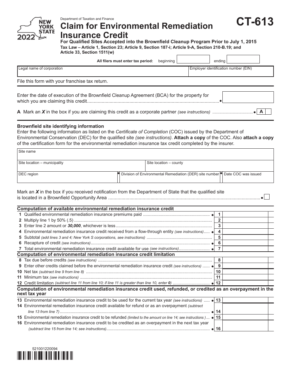 Form CT-613 Claim for Environmental Remediation Insurance Credit - New York, Page 1