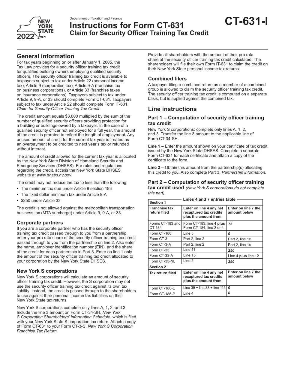 Instructions for Form CT-631 Claim for Security Officer Training Tax Credit - New York, Page 1