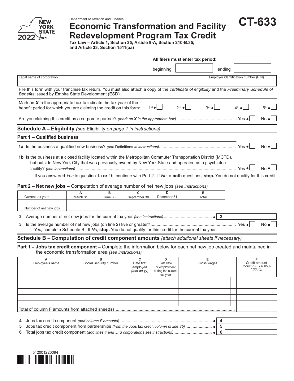 Form CT-633 Economic Transformation and Facility Redevelopment Program Tax Credit - New York, Page 1