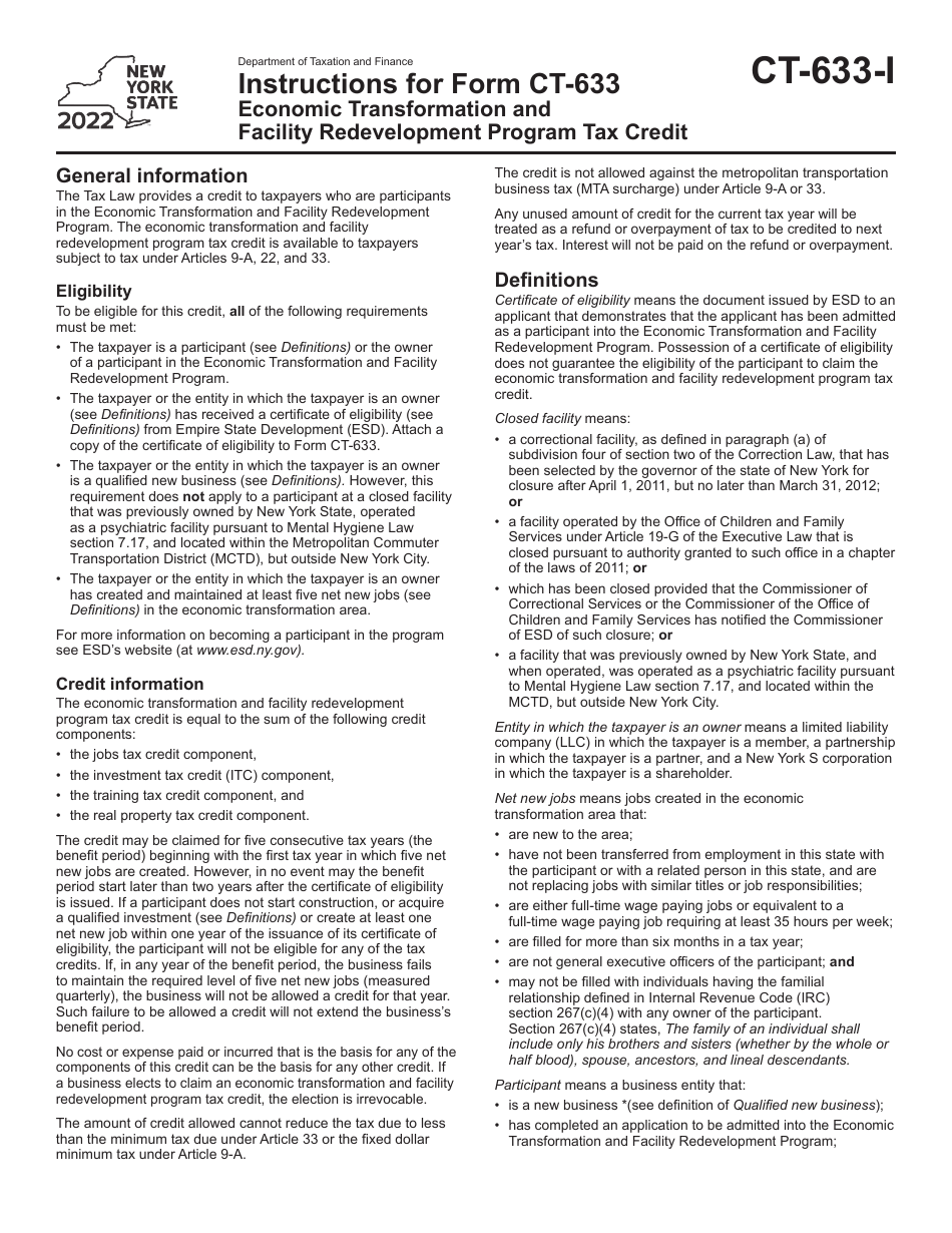 Instructions for Form CT-633 Economic Transformation and Facility Redevelopment Program Tax Credit - New York, Page 1