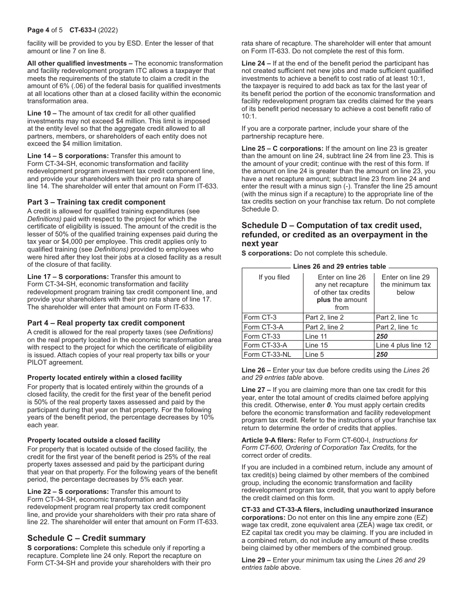 Instructions for Form CT-633 Economic Transformation and Facility Redevelopment Program Tax Credit - New York, Page 4