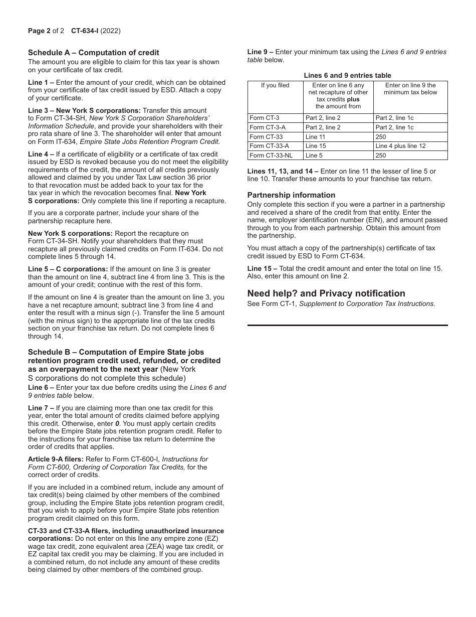 Instructions for Form CT-634 Empire State Jobs Retention Program Credit - New York, Page 2