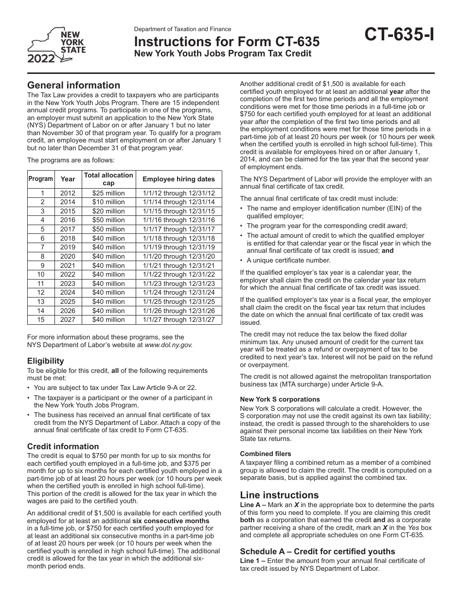 Instructions for Form CT-635 New York Youth Jobs Program Tax Credit - New York, Page 1