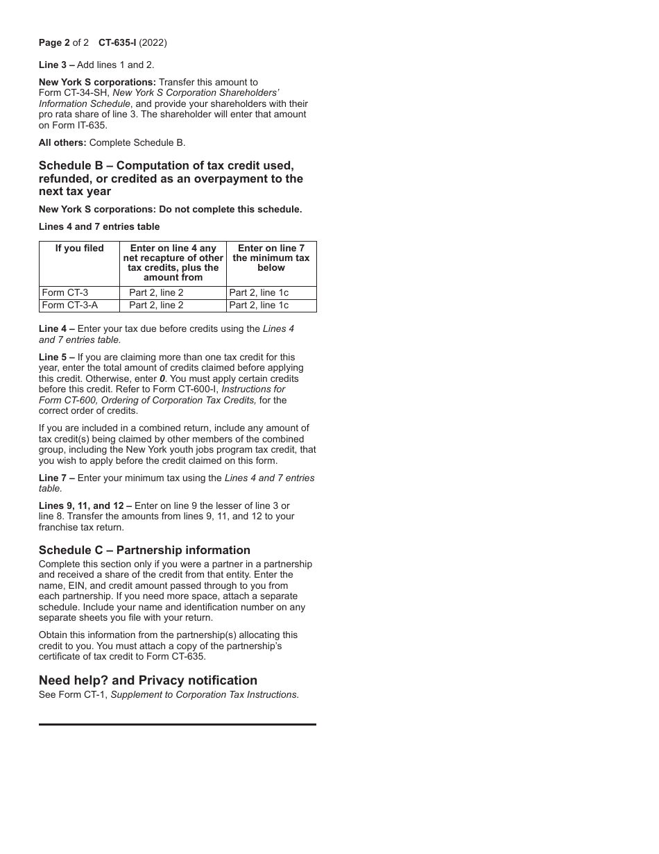 Instructions for Form CT-635 New York Youth Jobs Program Tax Credit - New York, Page 2