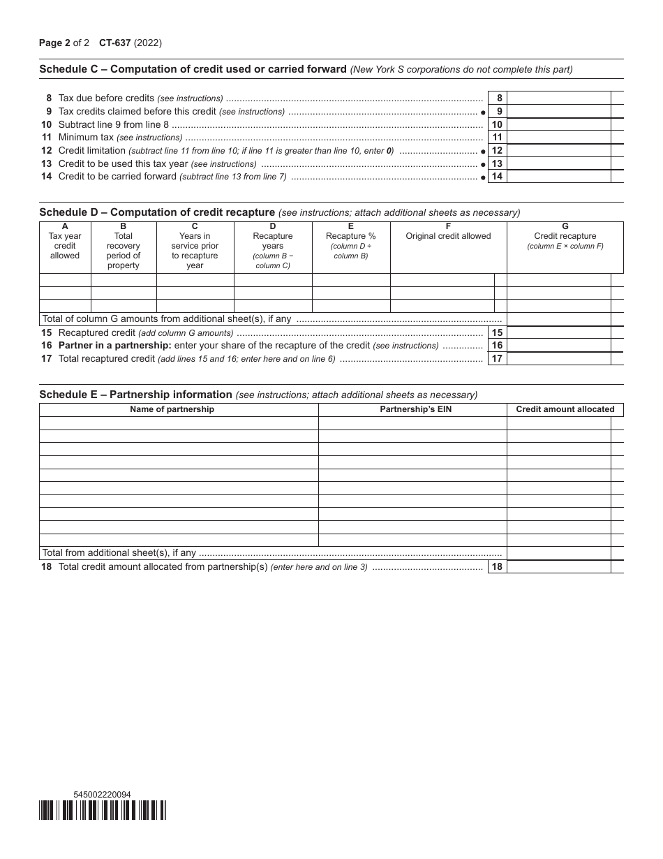 Form CT-637 Alternative Fuels and Electric Vehicle Recharging Property Credit - New York, Page 2