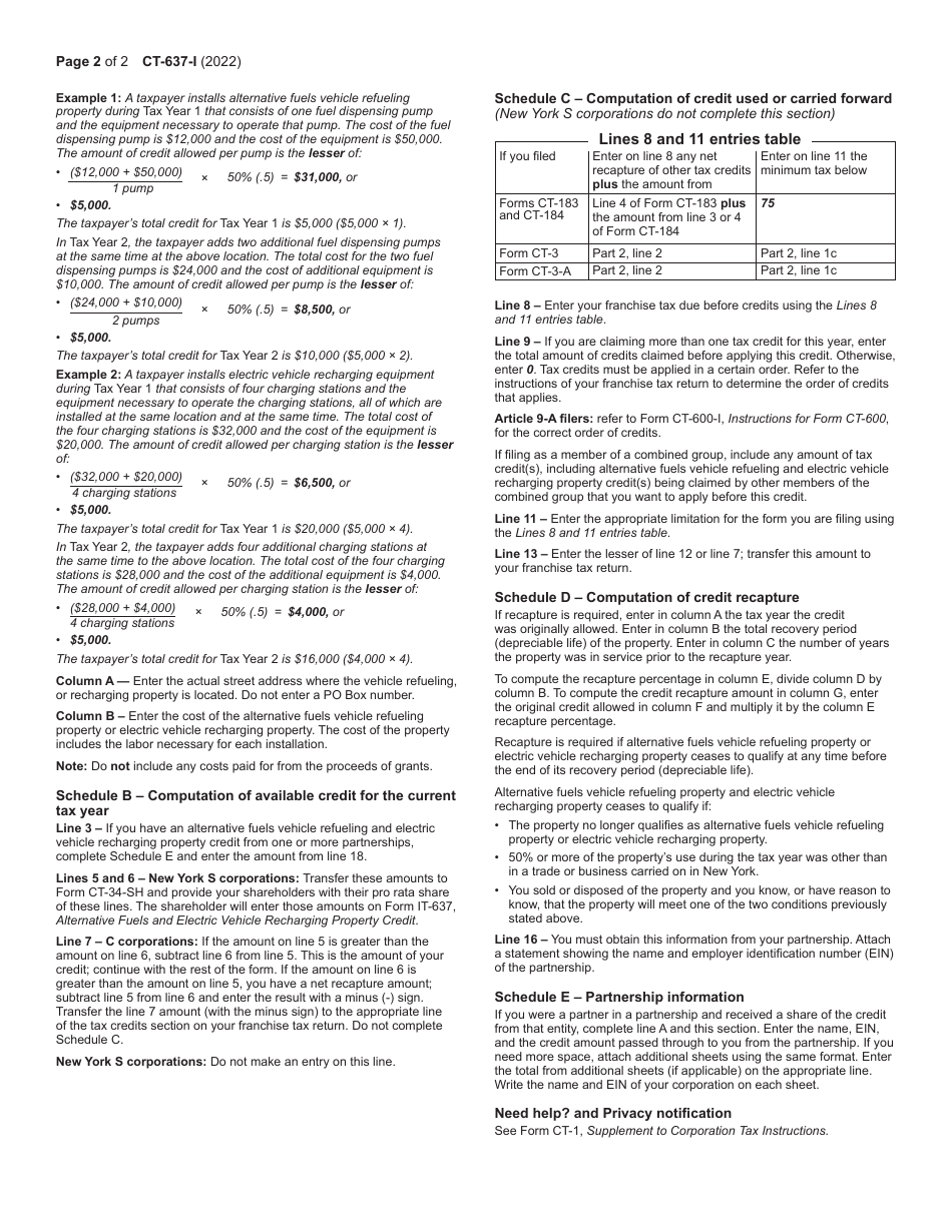 Instructions for Form CT-637 Alternative Fuels and Electric Vehicle Recharging Property Credit - New York, Page 2