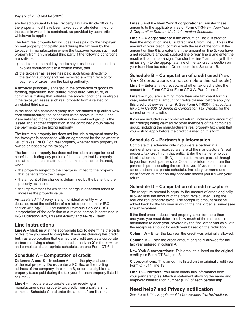 Instructions for Form CT-641 Manufacturers Real Property Tax Credit - New York, Page 2