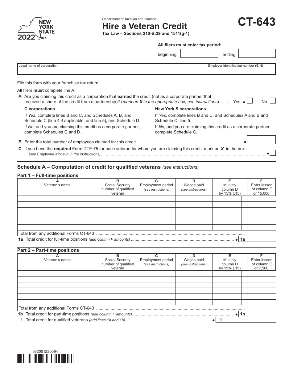 Form CT-643 Hire a Veteran Credit - New York, Page 1