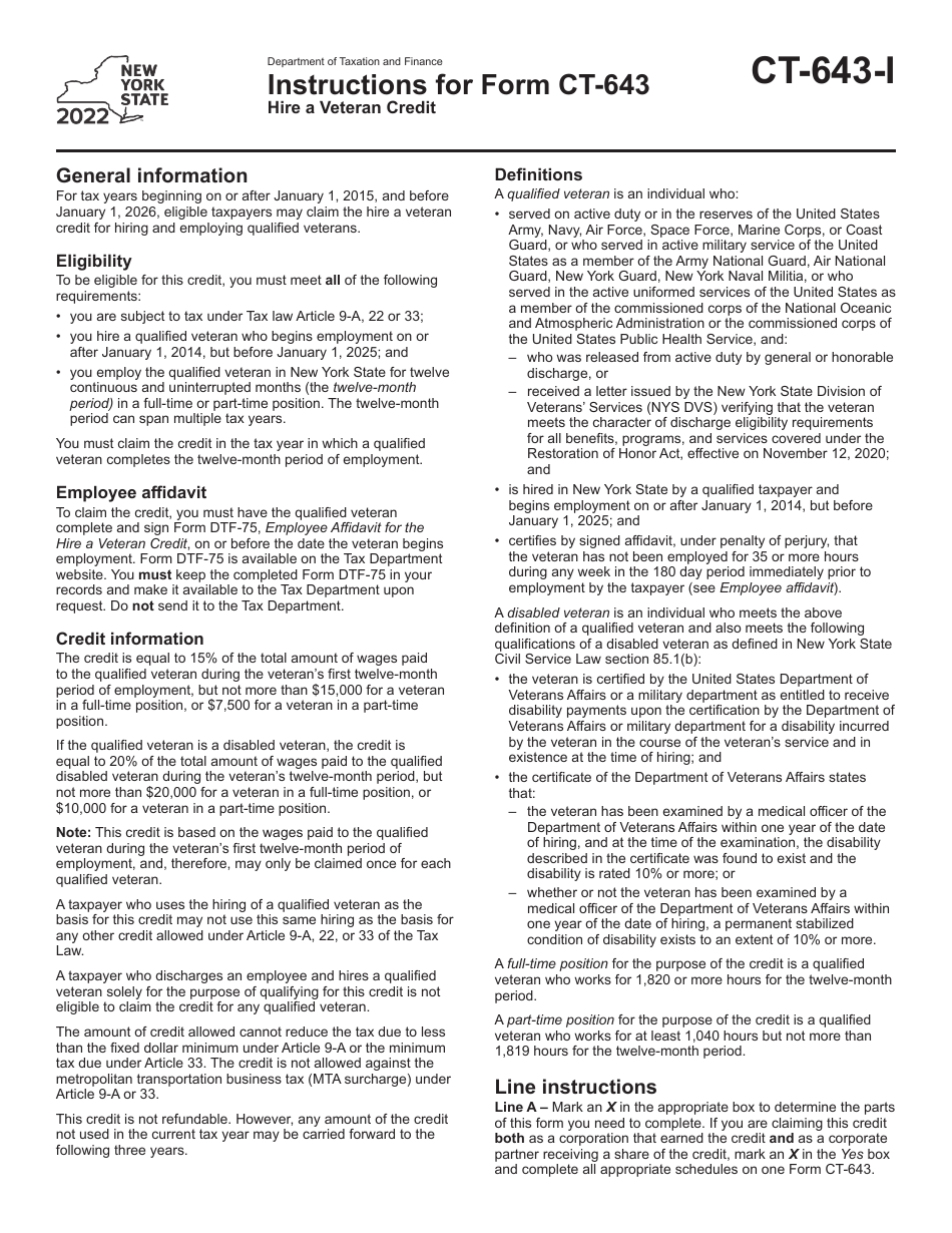 Instructions for Form CT-643 Hire a Veteran Credit - New York, Page 1