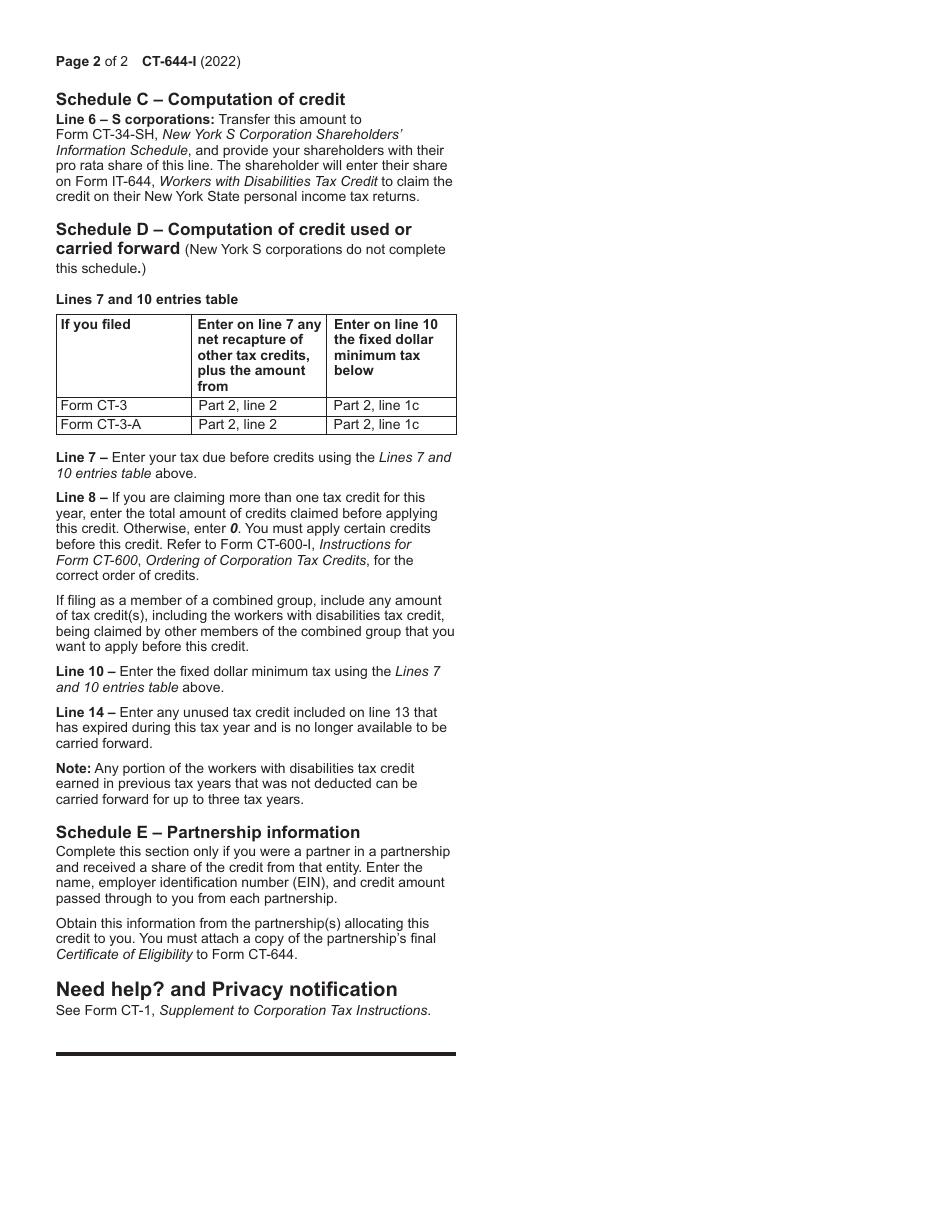 Instructions for Form CT-644 Workers With Disabilities Tax Credit - New York, Page 2