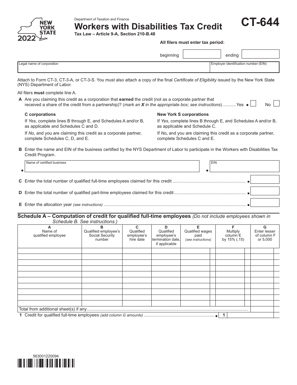 Form CT-644 Workers With Disabilities Tax Credit - New York, Page 1