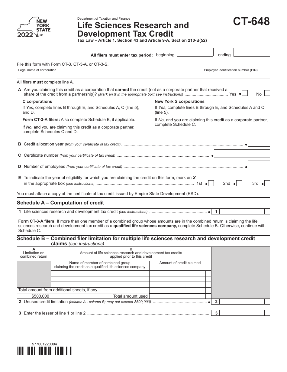 Form CT-648 Life Sciences Research and Development Tax Credit - New York, Page 1