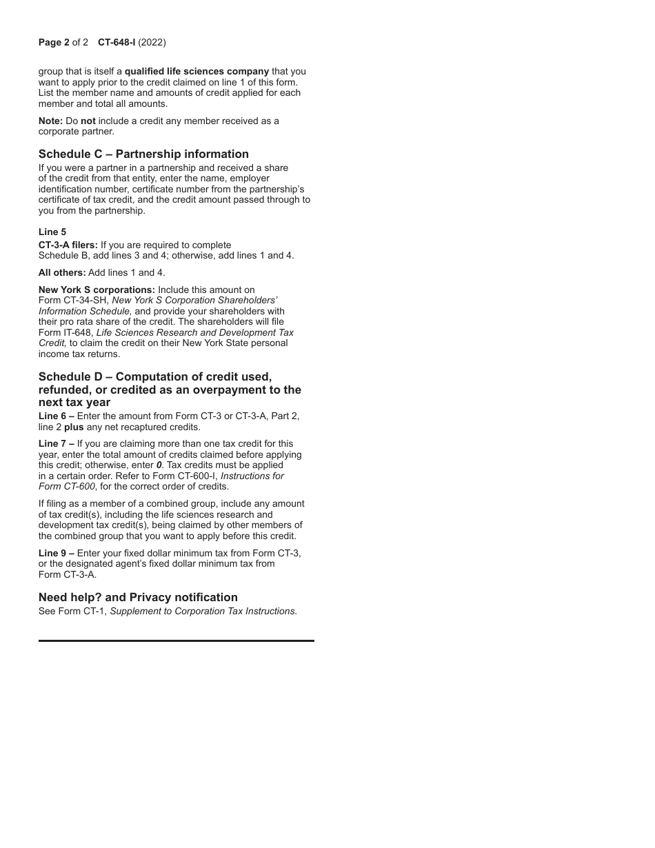 Instructions for Form CT-648 Life Sciences Research and Development Tax Credit - New York, Page 2