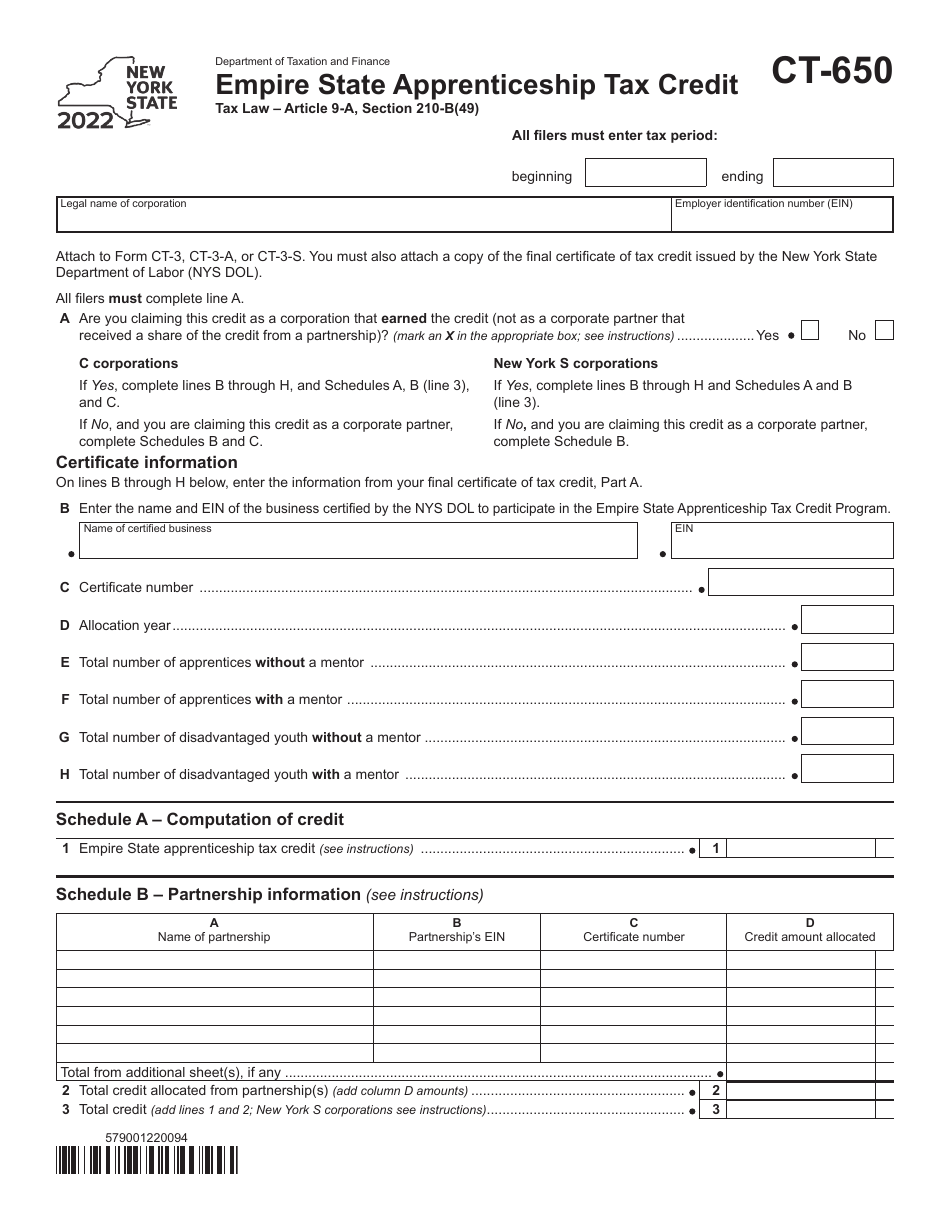 Form CT-650 Empire State Apprenticeship Tax Credit - New York, Page 1