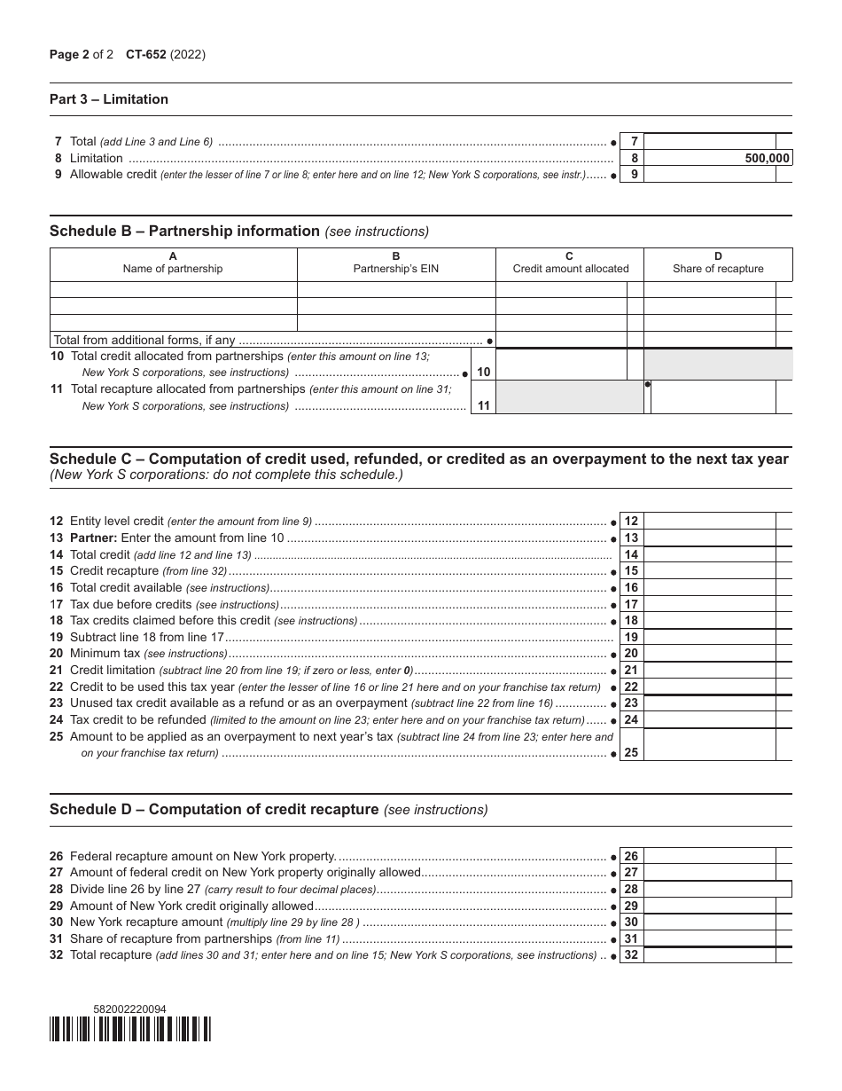 Form CT-652 Employer-Provided Childcare Credit - New York, Page 2