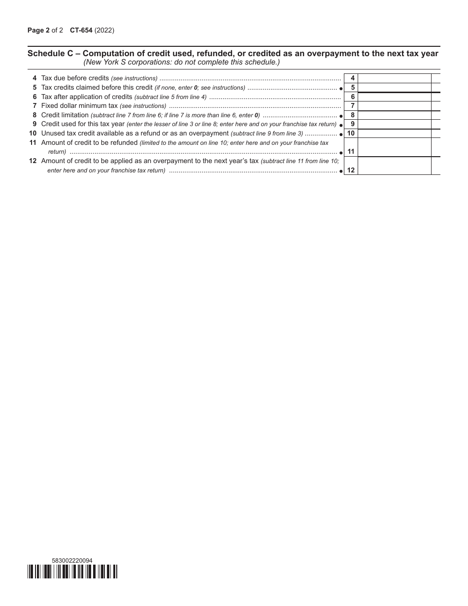Form CT-654 New York City Musical and Theatrical Production Tax Credit - New York, Page 2