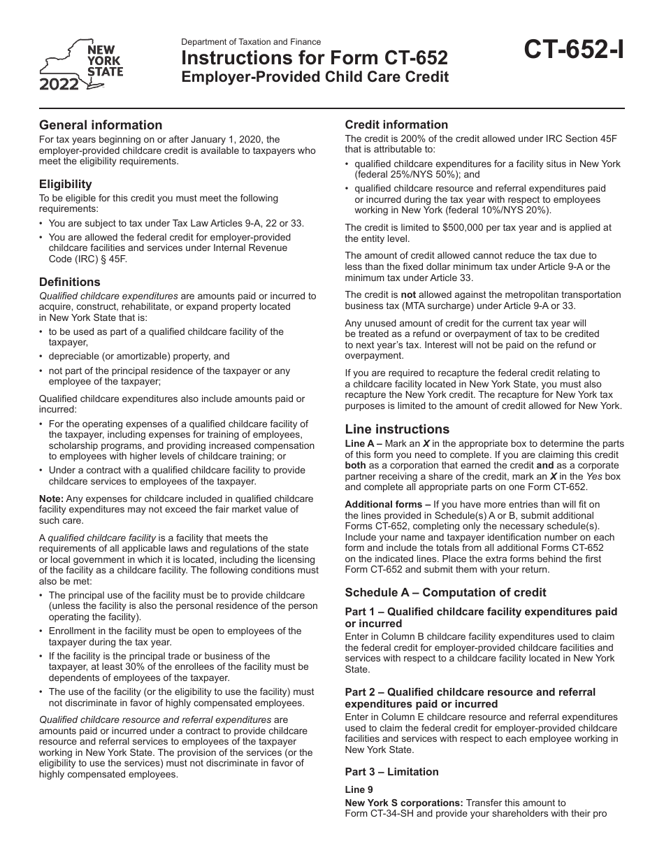 Instructions for Form CT-652 Employer-Provided Childcare Credit - New York, Page 1