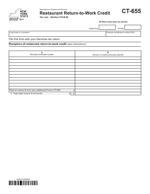 Form CT-655 2022 Printable Pdf