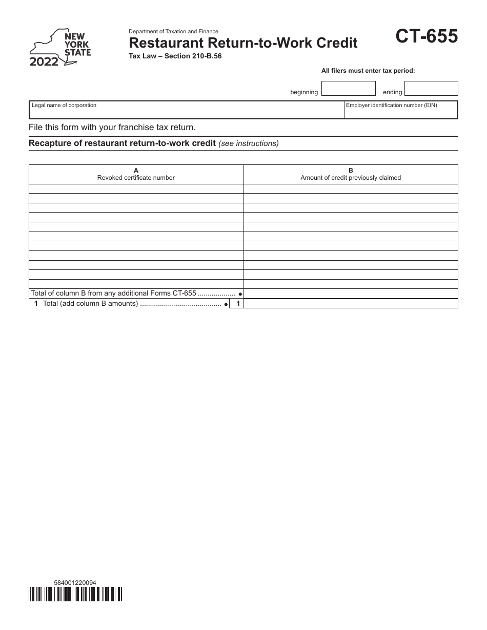 Form CT-655 Restaurant Return-To-Work Credit - New York, Page 1