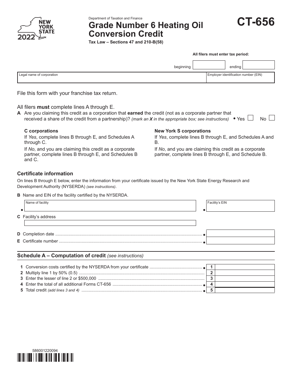 Form CT-656 Grade Number 6 Heating Oil Conversion Credit - New York, Page 1