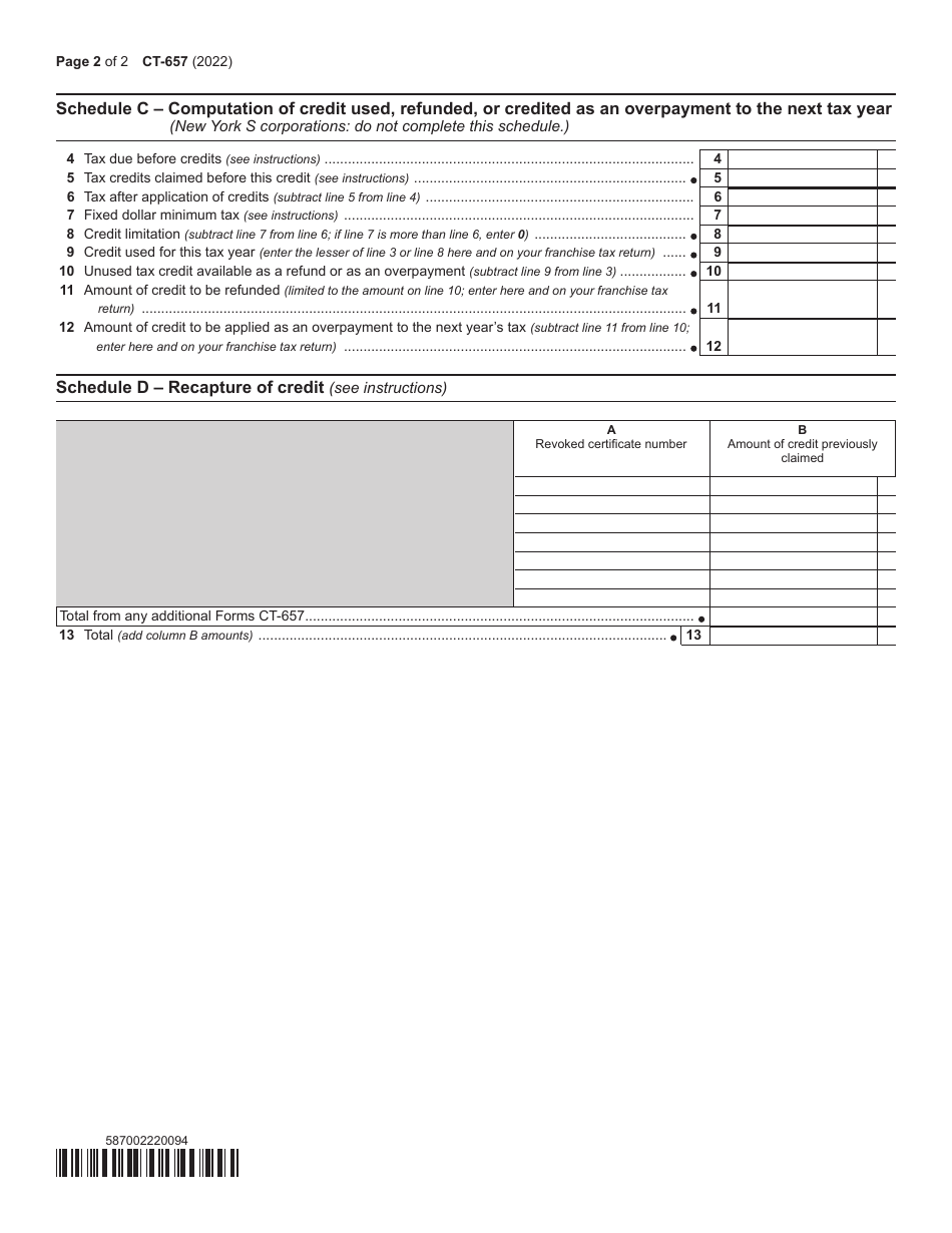 Form CT-657 Covid-19 Capital Costs Credit - New York, Page 2