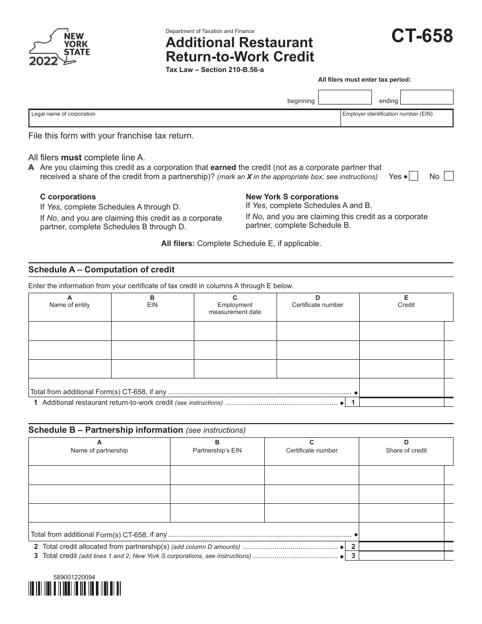 Form CT-658 Additional Restaurant Return-To-Work Credit - New York, Page 1