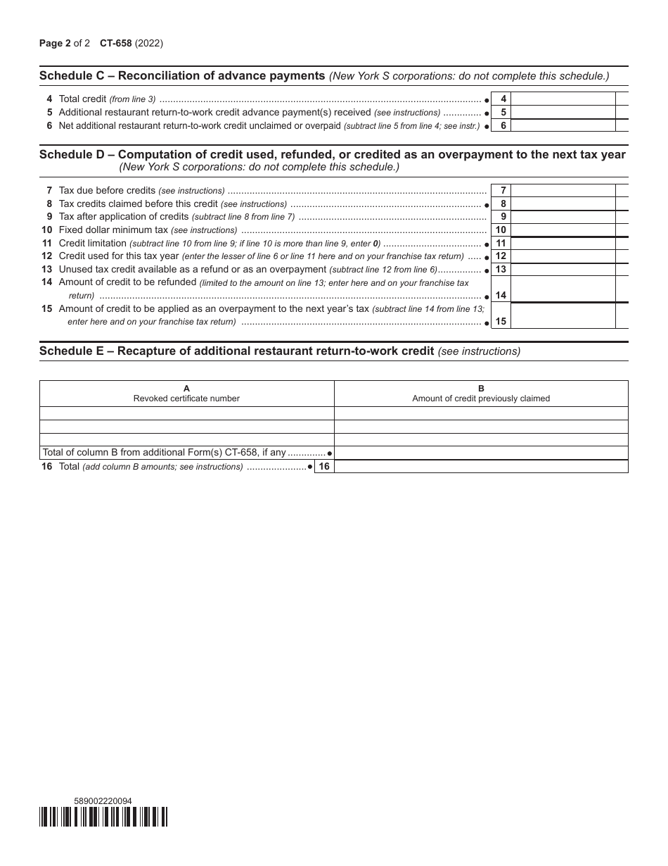 Form CT-658 Additional Restaurant Return-To-Work Credit - New York, Page 2