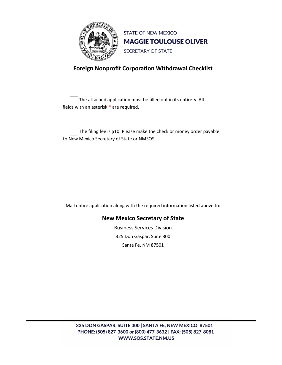 Foreign Nonprofit Corporation Application for Certificate of Withdrawal - New Mexico, Page 1
