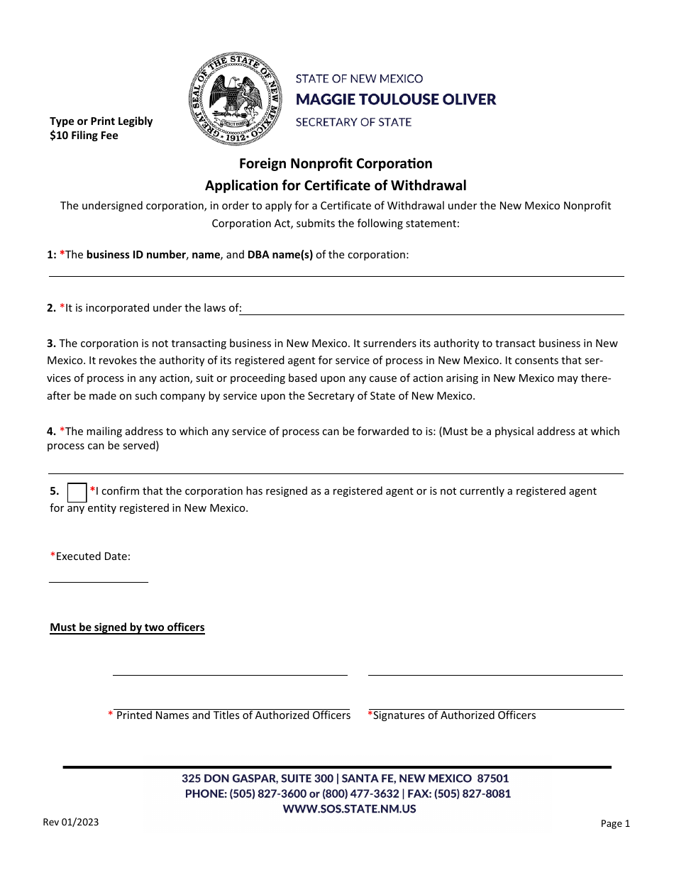Foreign Nonprofit Corporation Application for Certificate of Withdrawal - New Mexico, Page 2