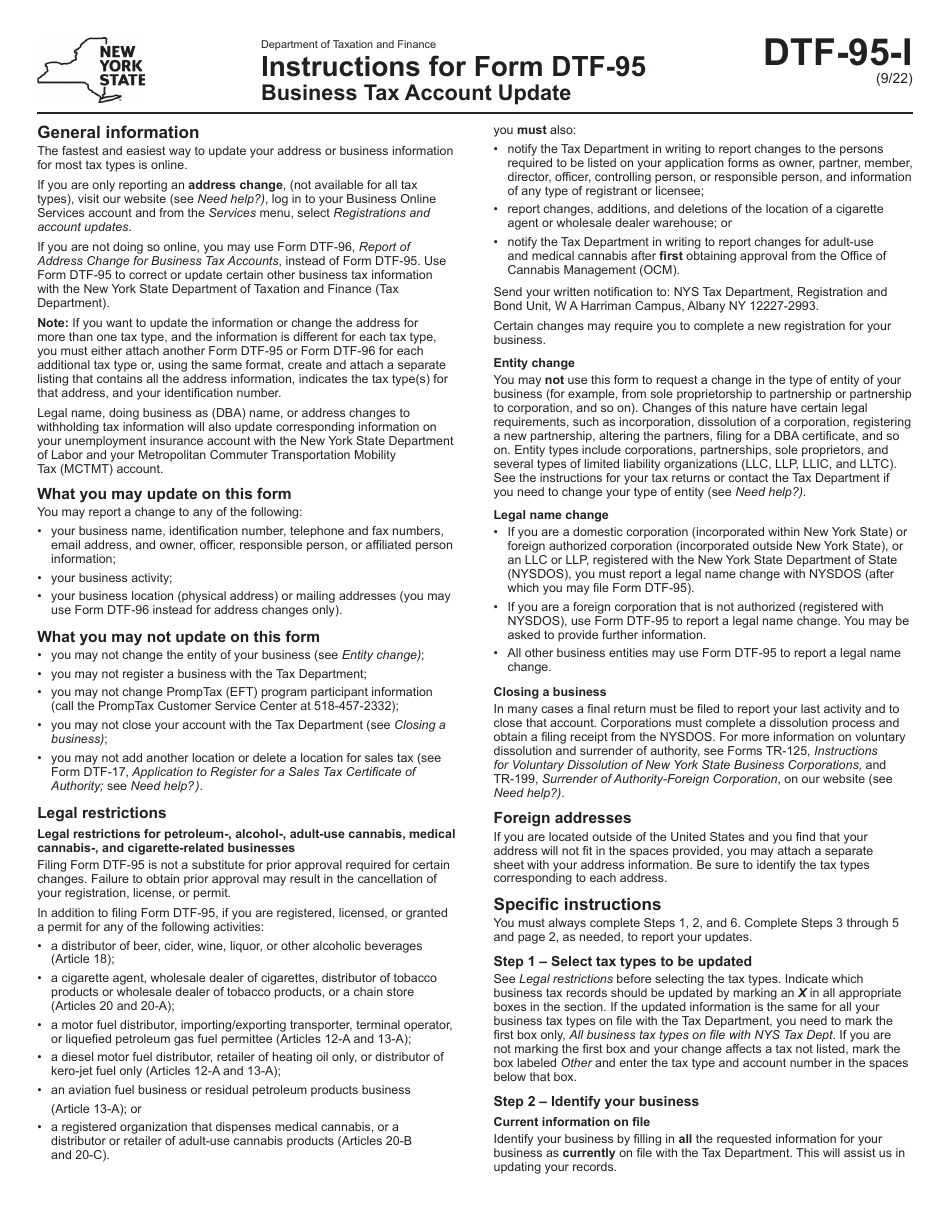 Download Instructions for Form DTF95I Business Tax Account Update PDF
