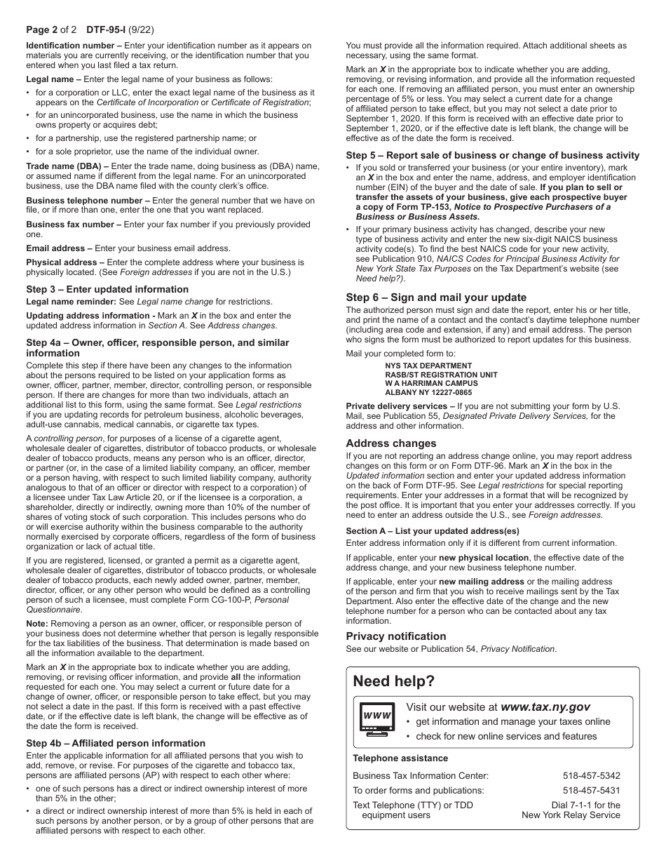 Instructions for Form DTF-95-I Business Tax Account Update - New York, Page 2