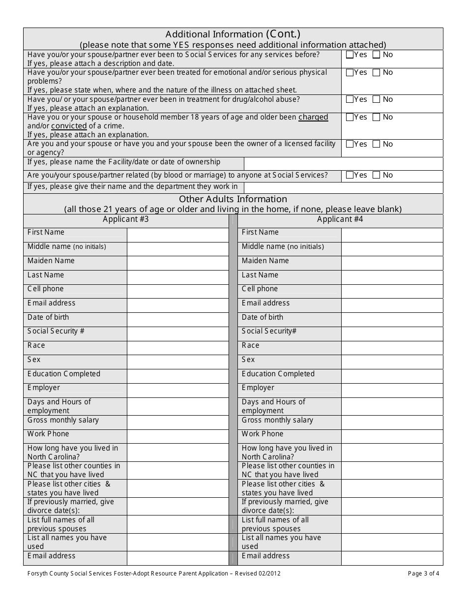 Foster Adopt Resource Parent / Family Application - Forsyth County, North Carolina, Page 3