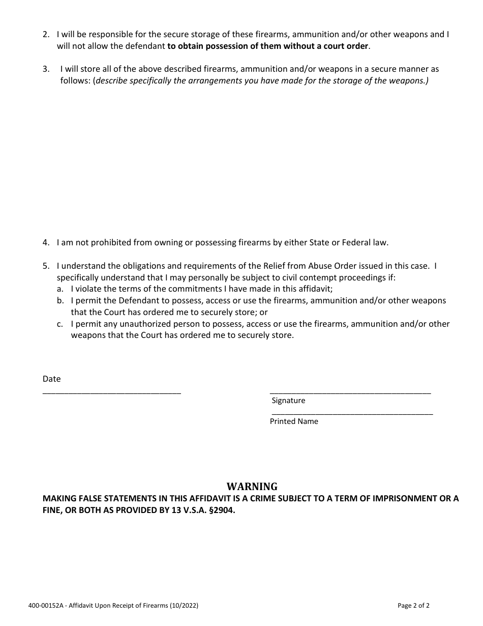 Form 400-00152A Statement Upon Receipt of Firearms - Vermont, Page 2