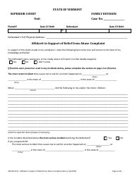 Document preview: Form 400-00151N Affidavit in Support of Relief From Abuse Complaint Notary - Vermont