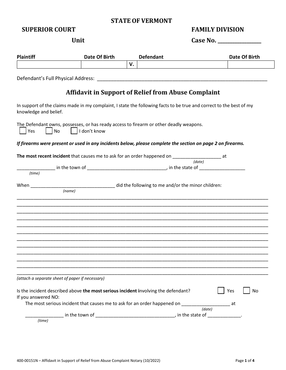 Form 400-00151N Affidavit in Support of Relief From Abuse Complaint Notary - Vermont, Page 1