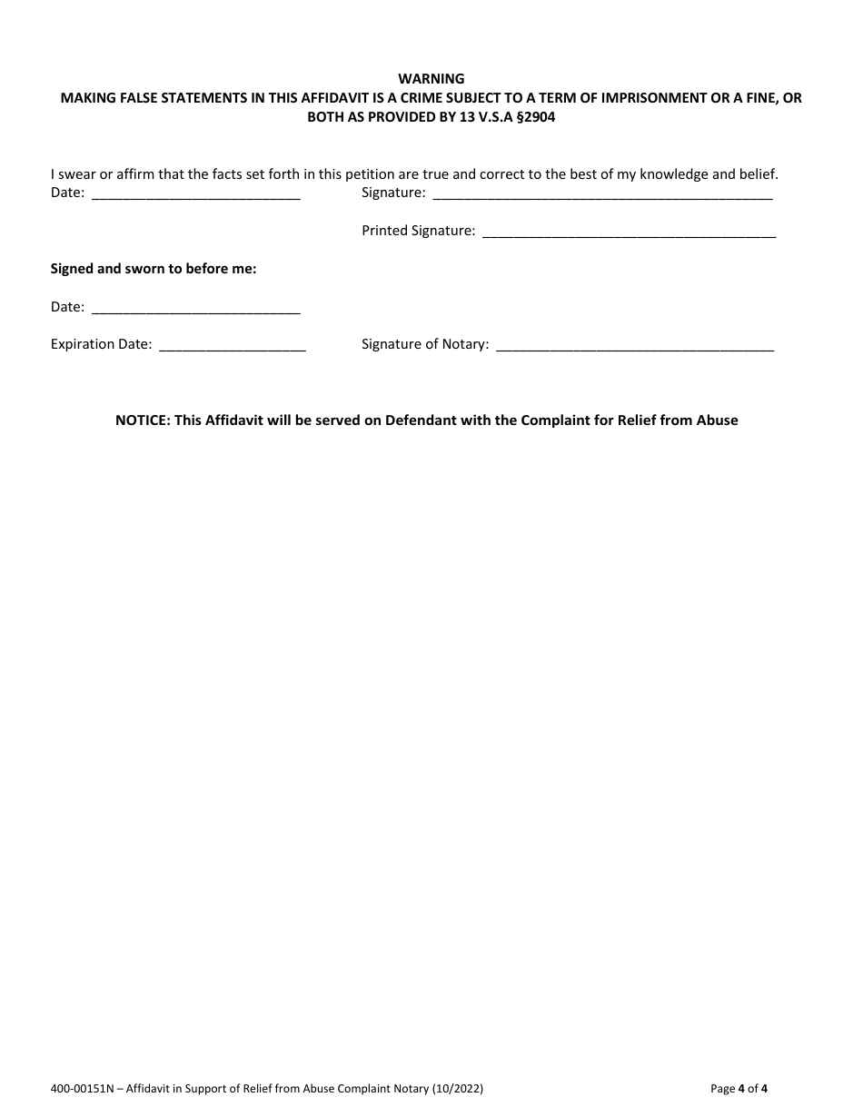 Form 400-00151N Affidavit in Support of Relief From Abuse Complaint Notary - Vermont, Page 4