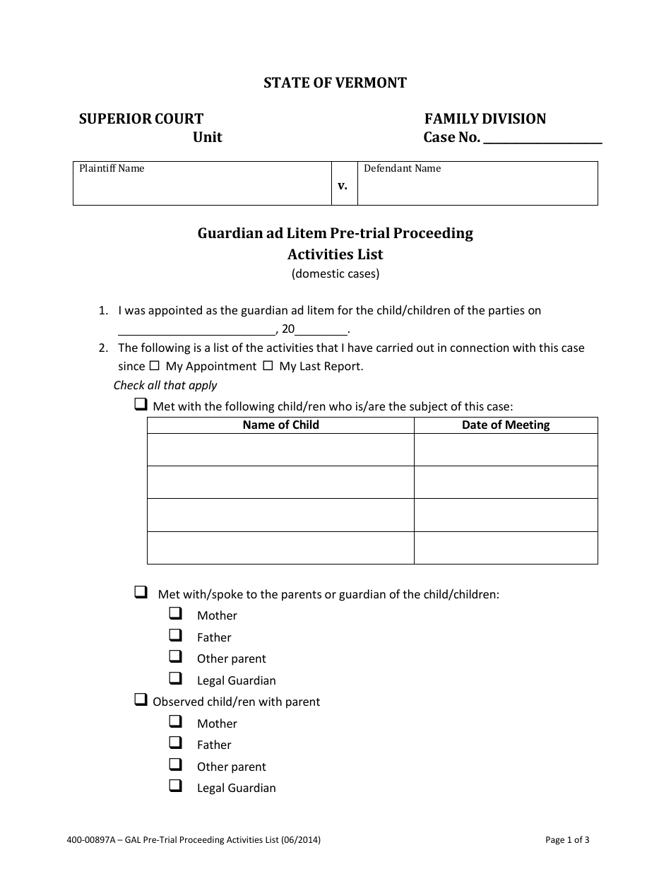 Form 400-00897A Guardian Ad Litem Pre-trial Proceeding Activities List (Domestic Cases) - Vermont, Page 1