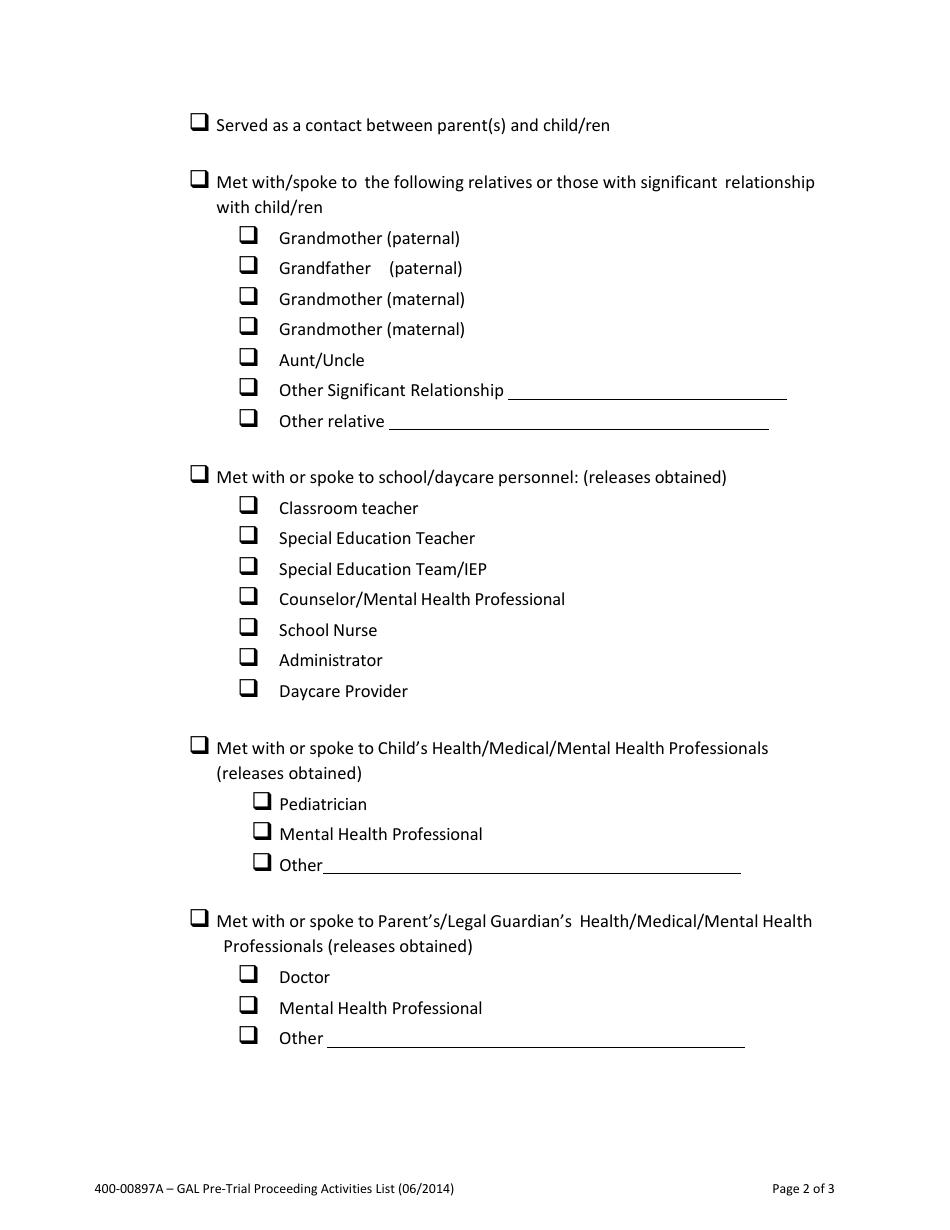 Form 400-00897A Guardian Ad Litem Pre-trial Proceeding Activities List (Domestic Cases) - Vermont, Page 2