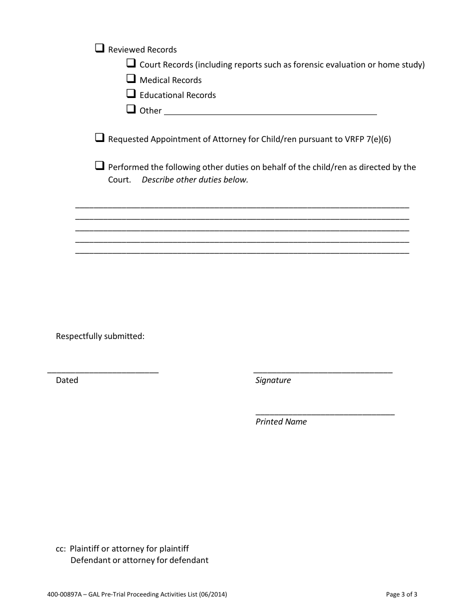 Form 400-00897A Guardian Ad Litem Pre-trial Proceeding Activities List (Domestic Cases) - Vermont, Page 3