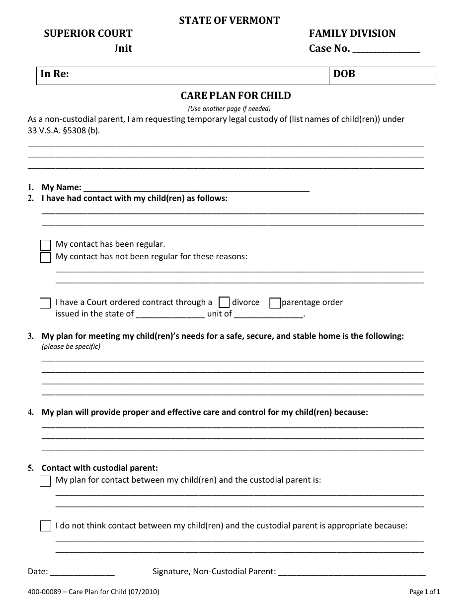 Form 400-00089 Care Plan for Child - Vermont, Page 1