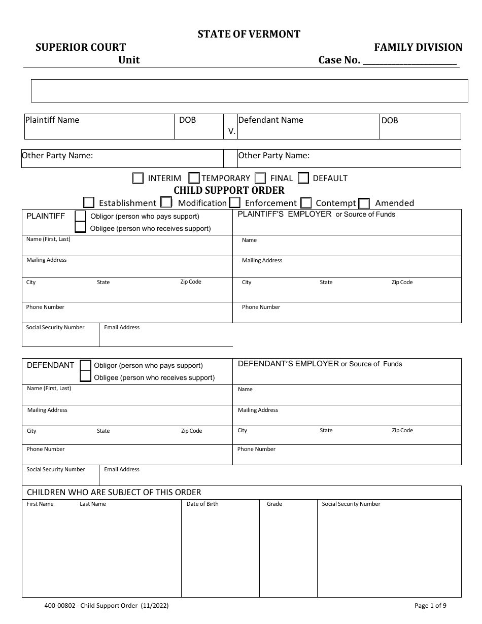 Form 400-00802 Child Support Order - Vermont, Page 1