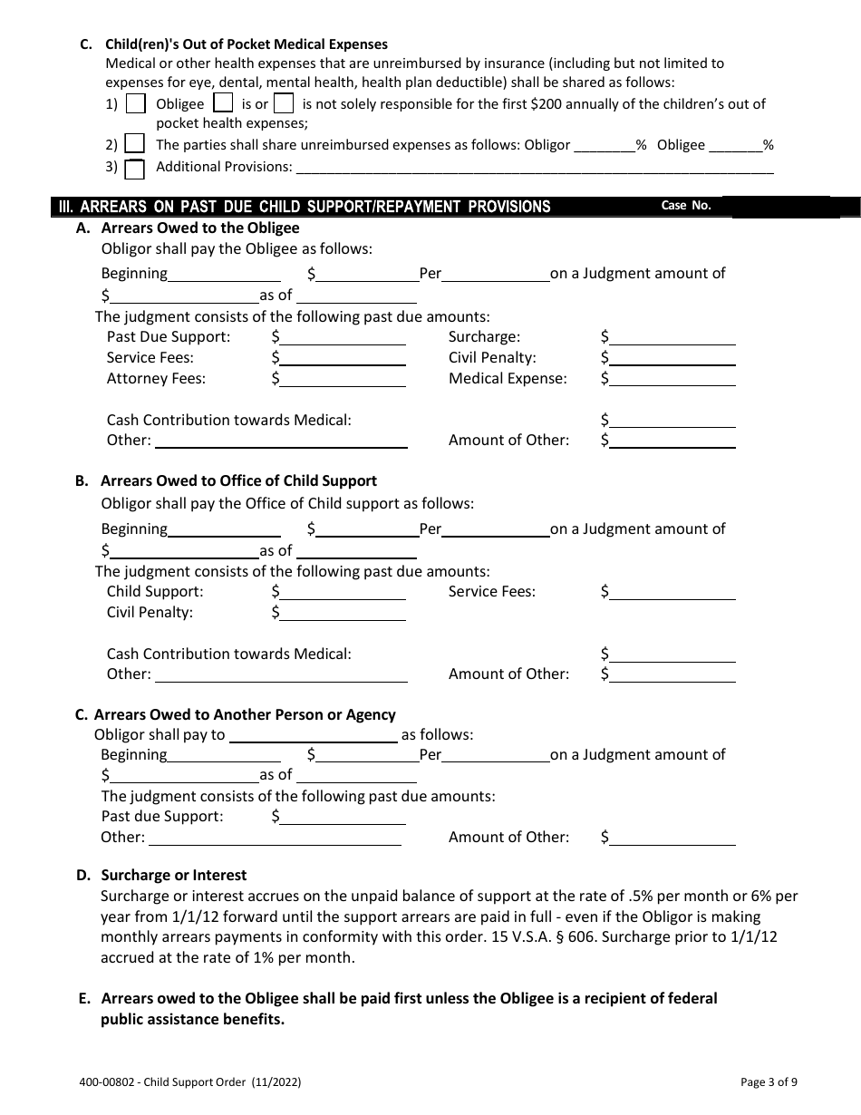 Form 400-00802 Child Support Order - Vermont, Page 3