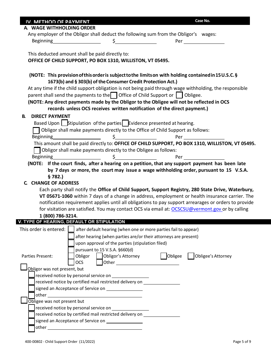 Form 400-00802 Child Support Order - Vermont, Page 5
